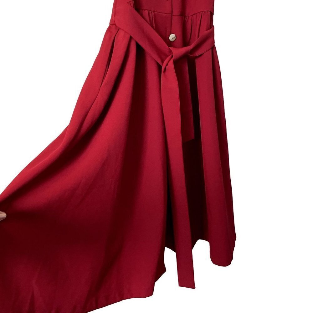 Vintage classic red dress sailor neckline full skirt pockets sleeveless belt - Picture 3 of 7